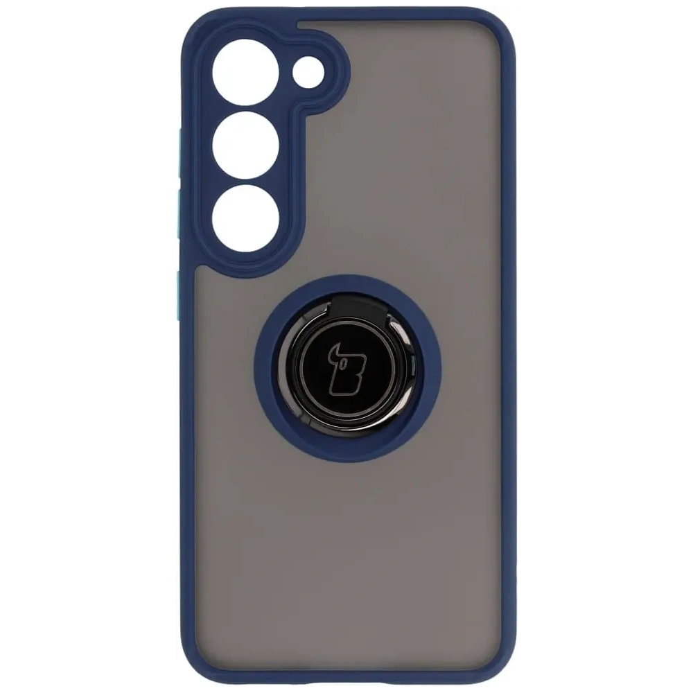 Etui z uchwytem na palec Bizon Case Hybrid Ring do Samsung Galaxy S23 przydymione z granatową ramką