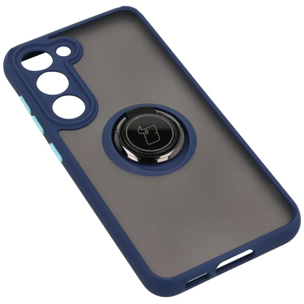 Etui z uchwytem na palec Bizon Case Hybrid Ring do Samsung Galaxy S23 przydymione z granatową ramką