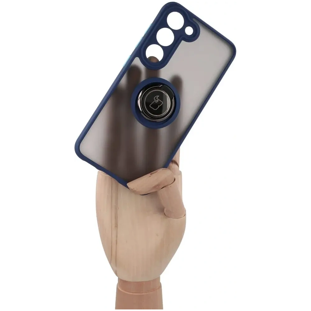 Etui z uchwytem na palec Bizon Case Hybrid Ring do Samsung Galaxy S23 przydymione z granatową ramką