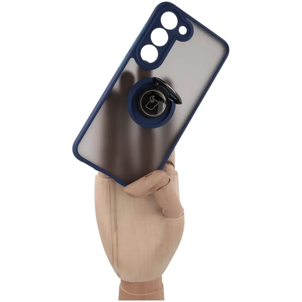 Etui z uchwytem na palec Bizon Case Hybrid Ring do Samsung Galaxy S23 przydymione z granatową ramką
