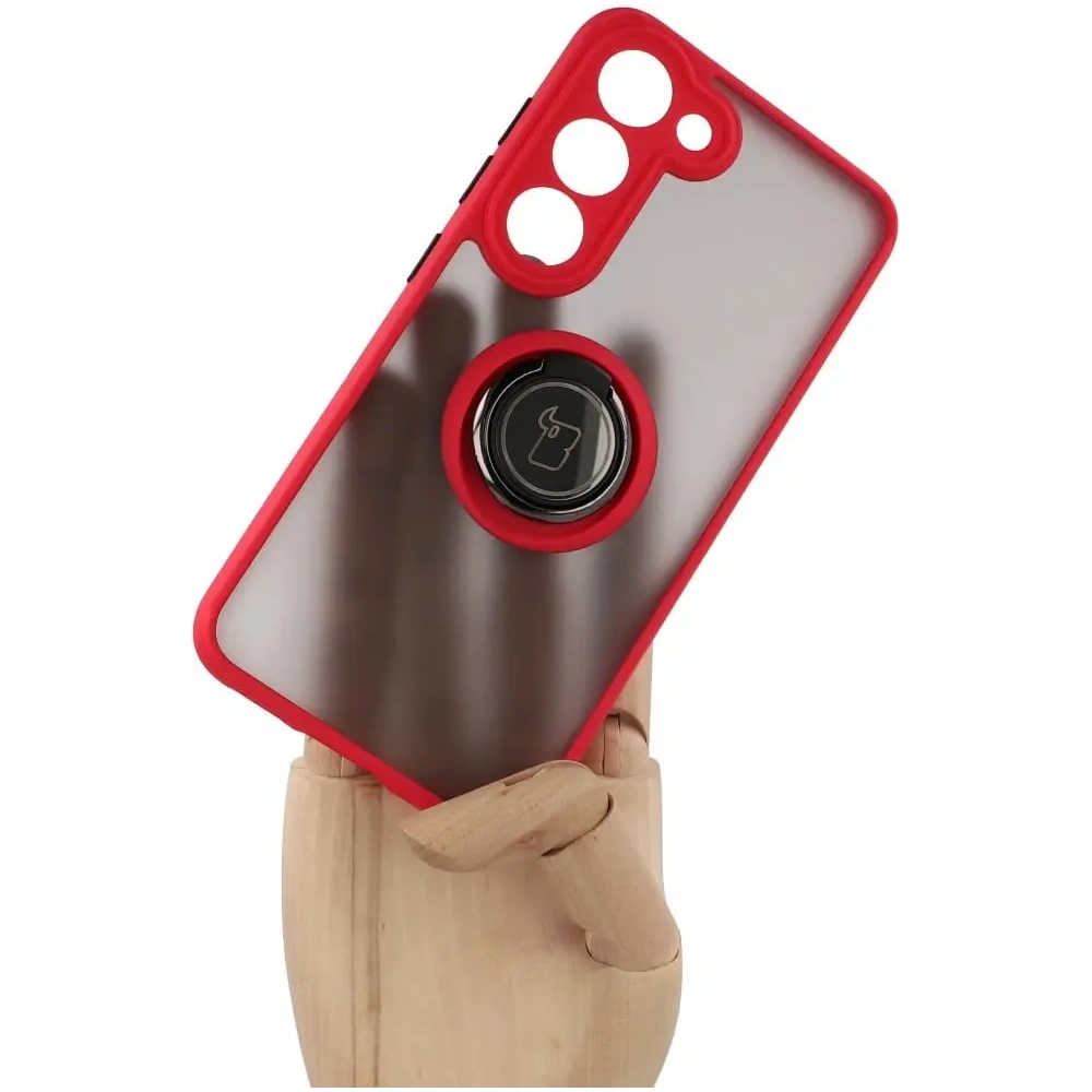Etui z uchwytem na palec Bizon Case Hybrid Ring do Samsung Galaxy S23 przydymione z czerwoną ramką