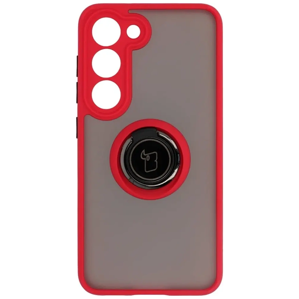 Etui z uchwytem na palec Bizon Case Hybrid Ring do Samsung Galaxy S23 przydymione z czerwoną ramką