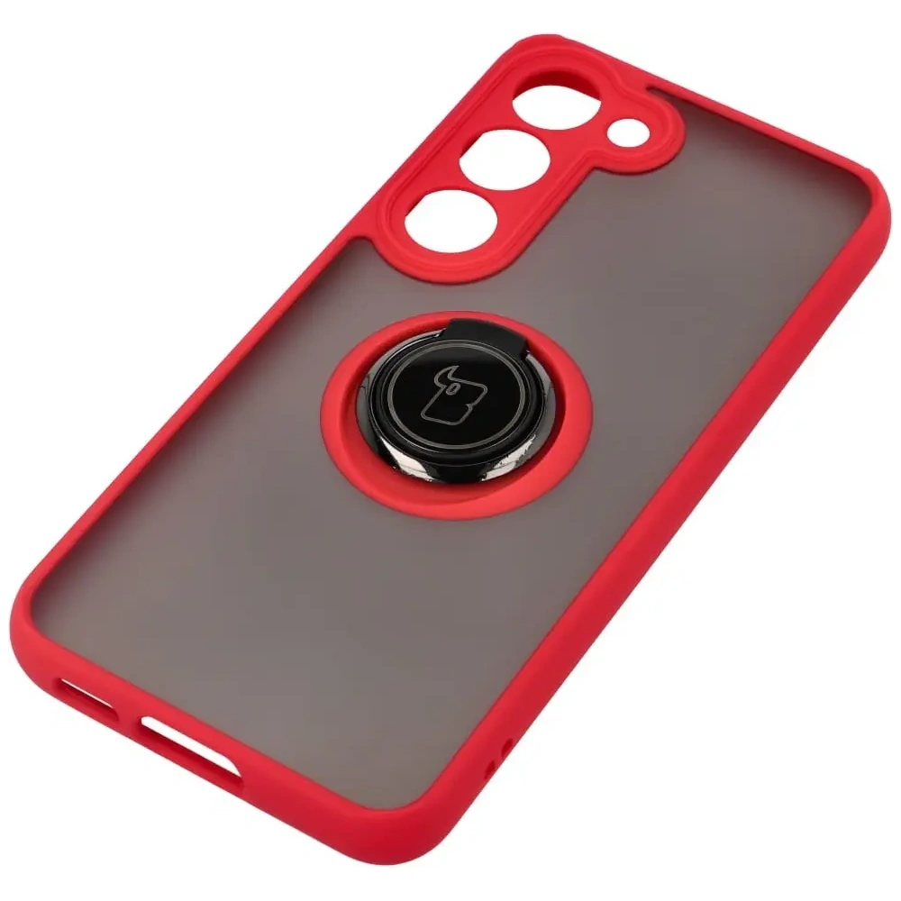 Etui z uchwytem na palec Bizon Case Hybrid Ring do Samsung Galaxy S23 przydymione z czerwoną ramką