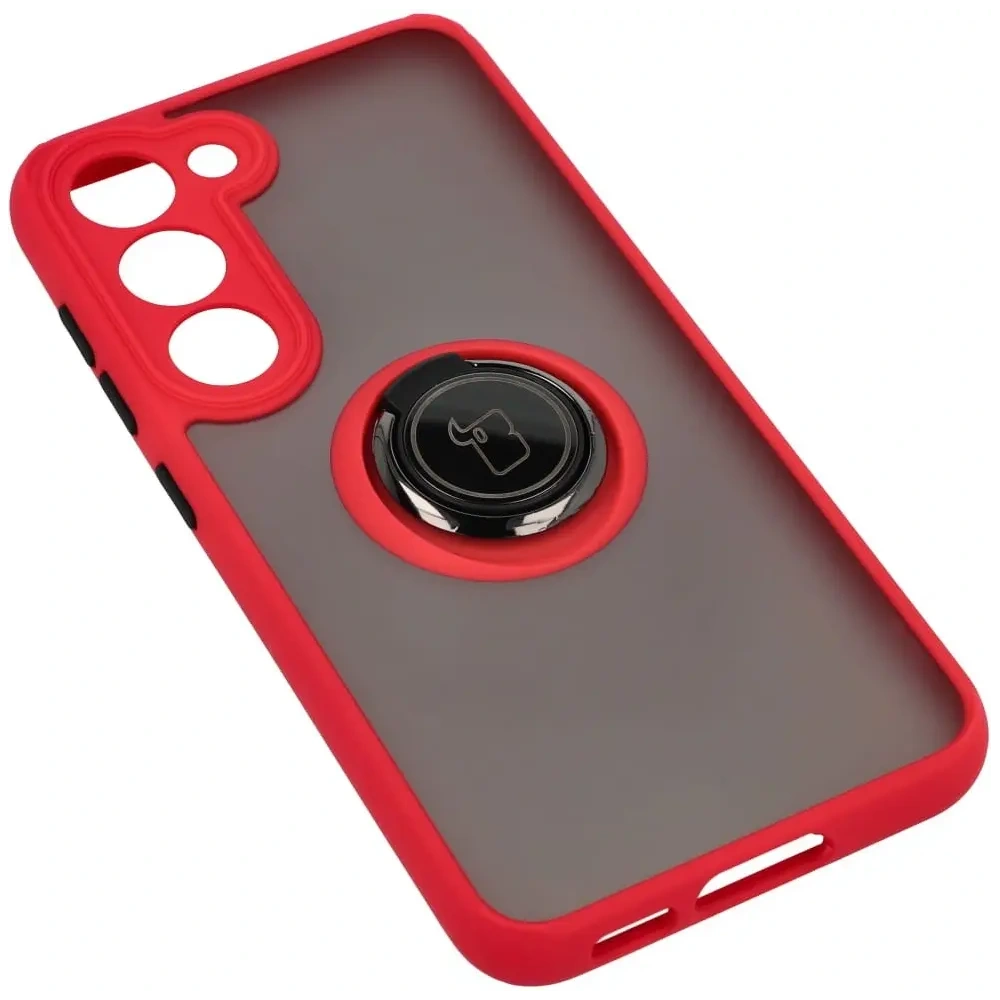 Etui z uchwytem na palec Bizon Case Hybrid Ring do Samsung Galaxy S23 przydymione z czerwoną ramką