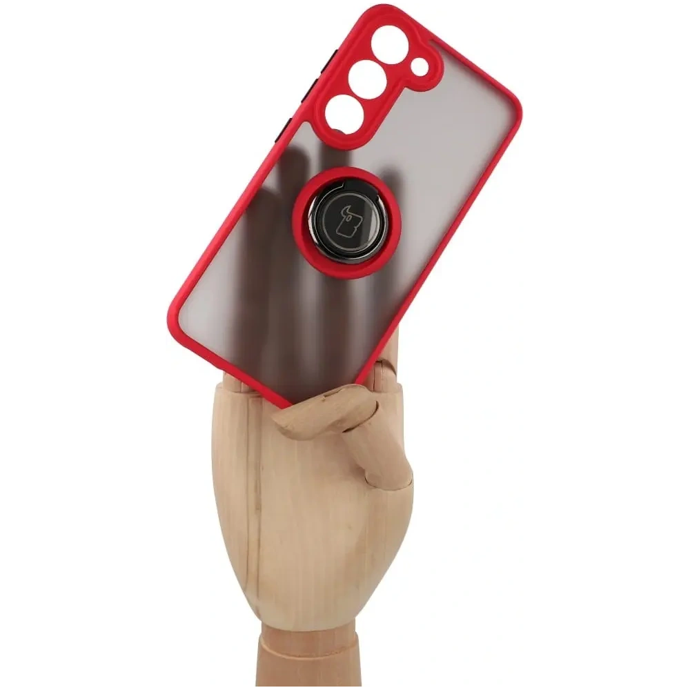 Etui z uchwytem na palec Bizon Case Hybrid Ring do Samsung Galaxy S23 przydymione z czerwoną ramką