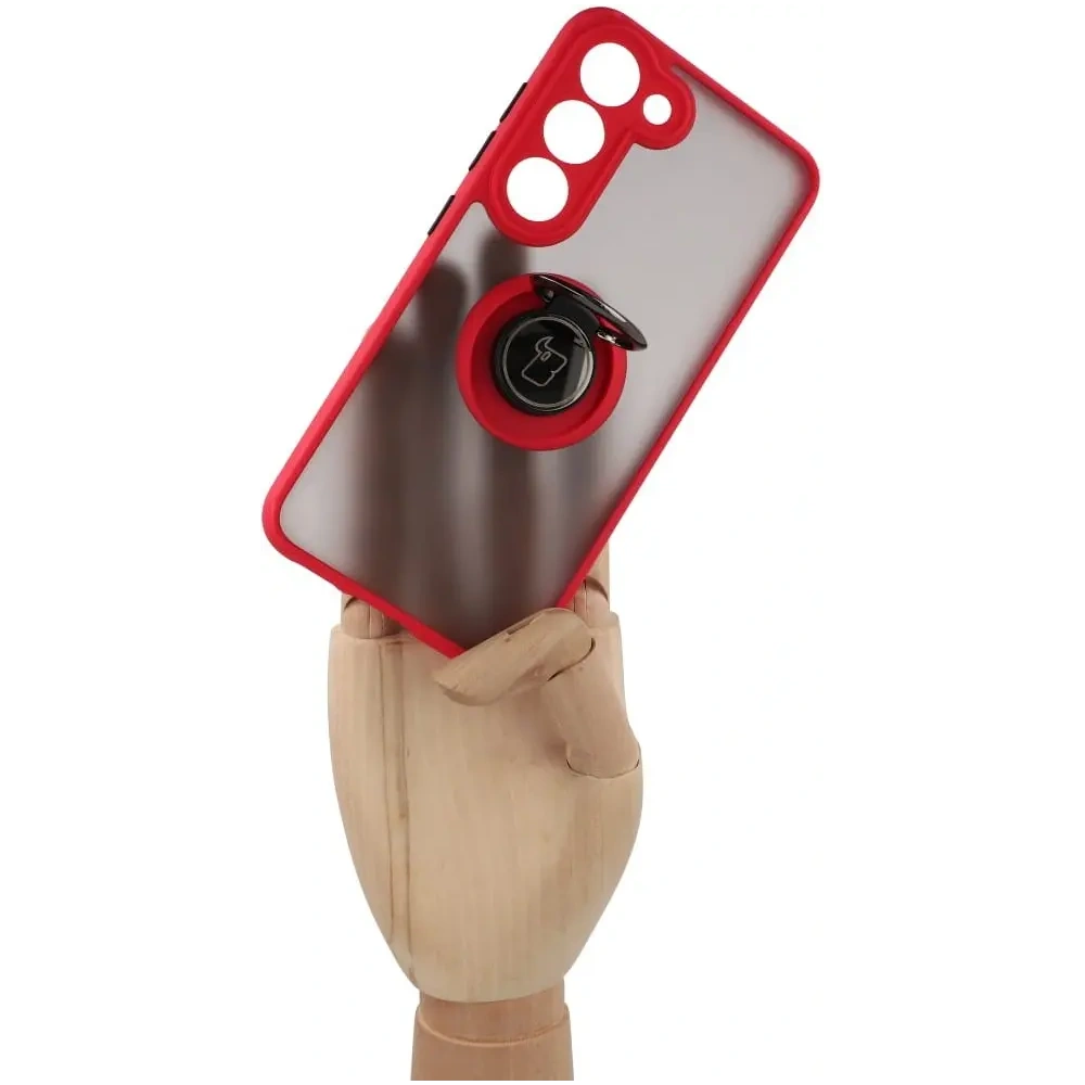 Etui z uchwytem na palec Bizon Case Hybrid Ring do Samsung Galaxy S23 przydymione z czerwoną ramką