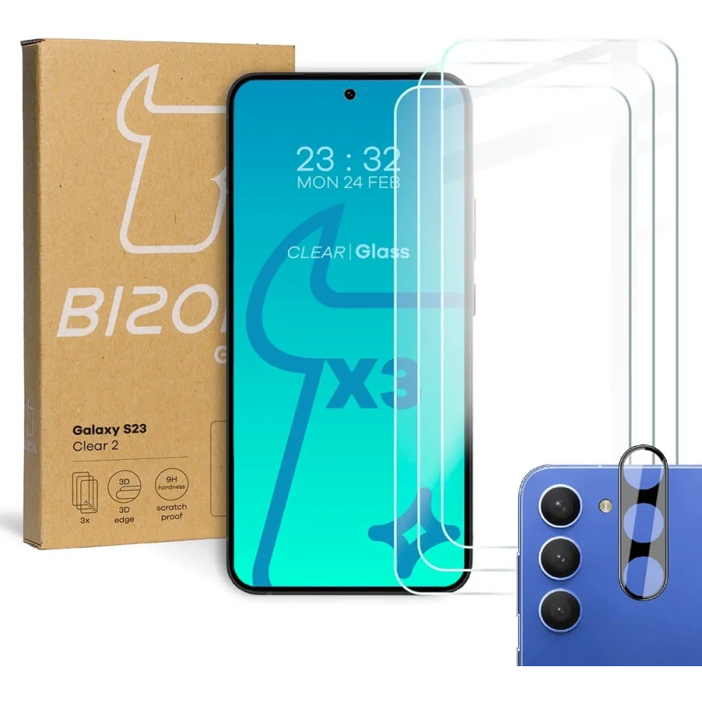 3x Szkło na ekran + szkło na aparat BIZON Clear 2 do Samsung Galaxy S23