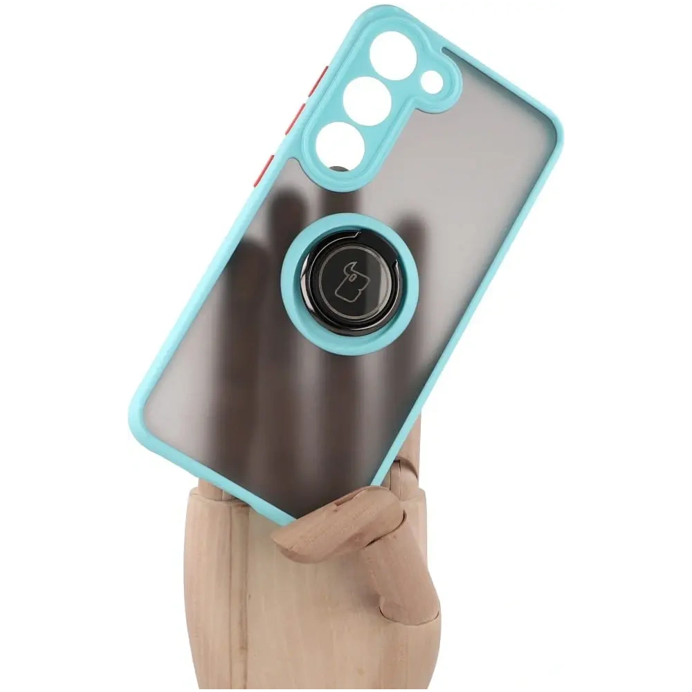 Etui z uchwytem na palec Bizon Case Hybrid Ring do Samsung Galaxy S23 przydymione z jasnoniebieską ramką