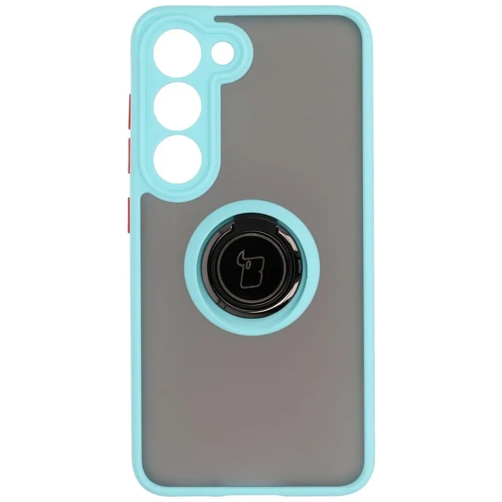 Etui z uchwytem na palec Bizon Case Hybrid Ring do Samsung Galaxy S23 przydymione z jasnoniebieską ramką