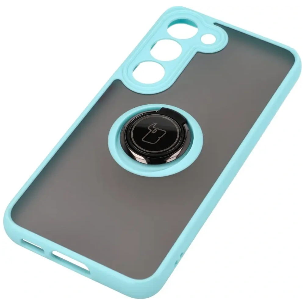 Etui z uchwytem na palec Bizon Case Hybrid Ring do Samsung Galaxy S23 przydymione z jasnoniebieską ramką