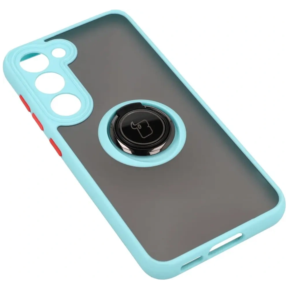 Etui z uchwytem na palec Bizon Case Hybrid Ring do Samsung Galaxy S23 przydymione z jasnoniebieską ramką