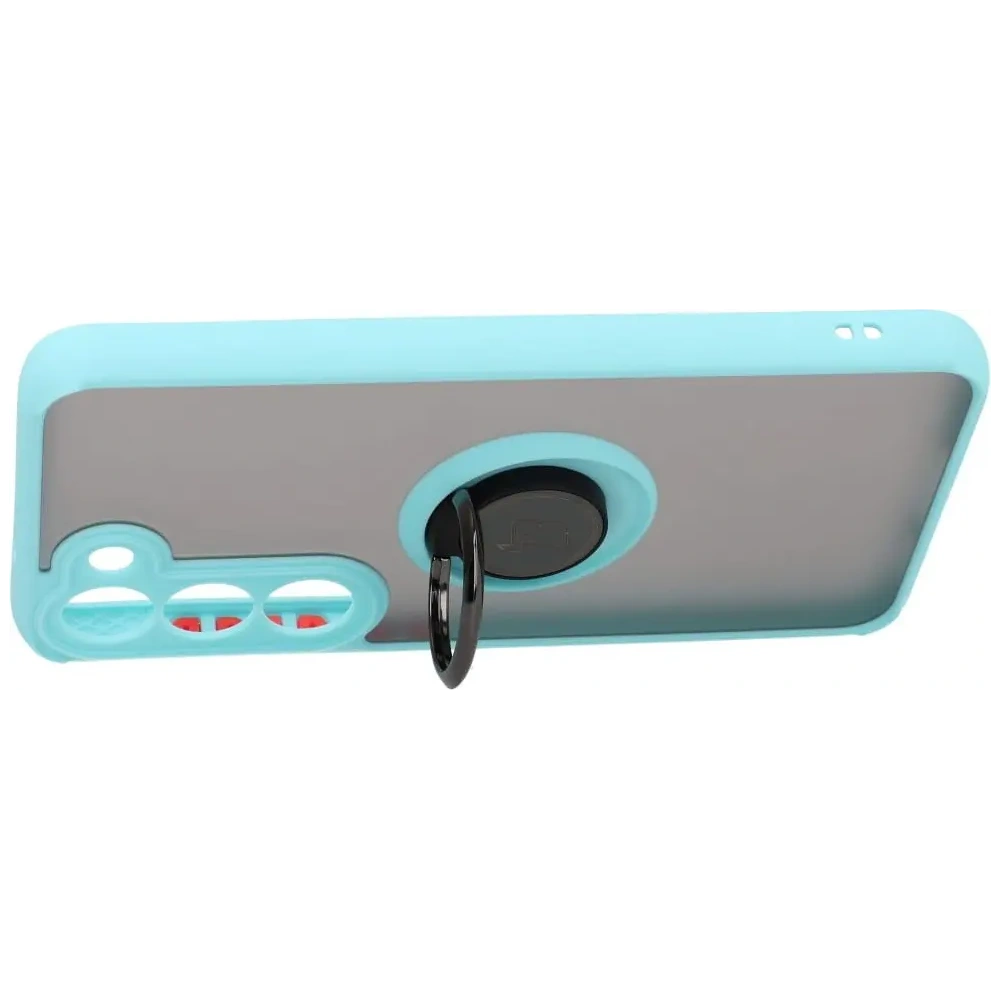 Etui z uchwytem na palec Bizon Case Hybrid Ring do Samsung Galaxy S23 przydymione z jasnoniebieską ramką