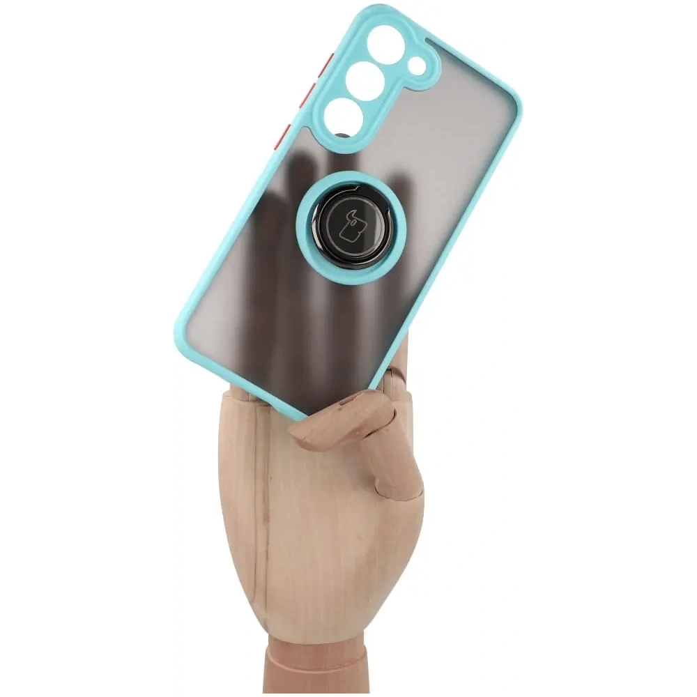 Etui z uchwytem na palec Bizon Case Hybrid Ring do Samsung Galaxy S23 przydymione z jasnoniebieską ramką