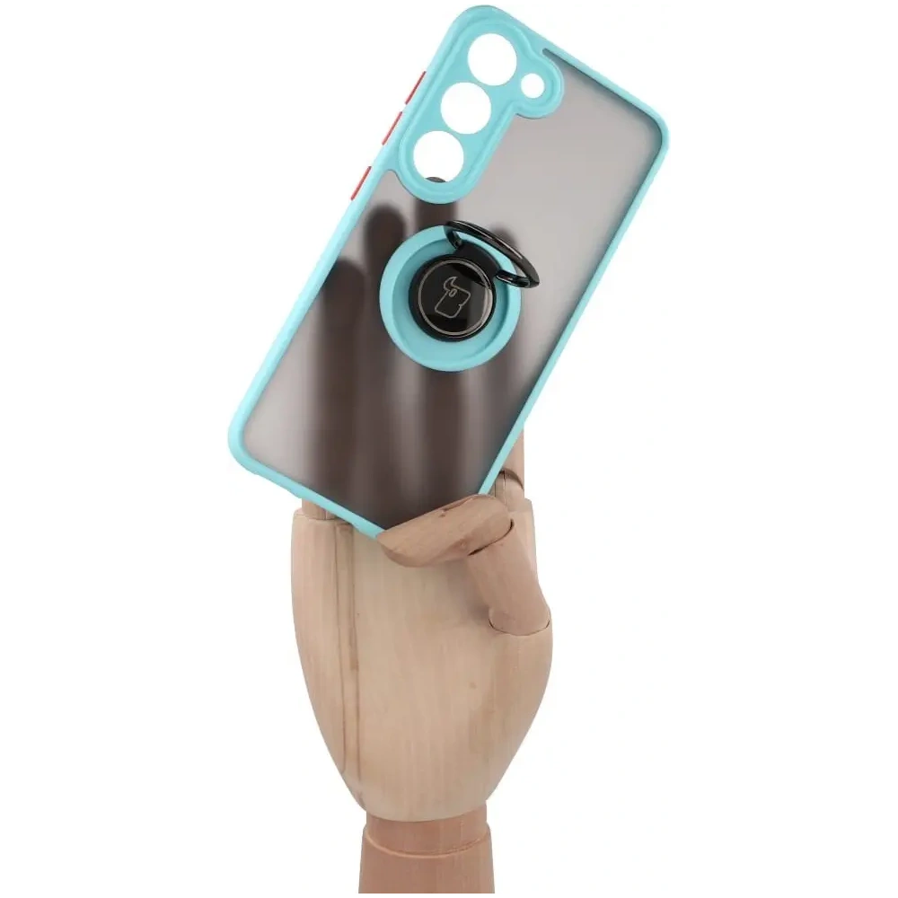 Etui z uchwytem na palec Bizon Case Hybrid Ring do Samsung Galaxy S23 przydymione z jasnoniebieską ramką