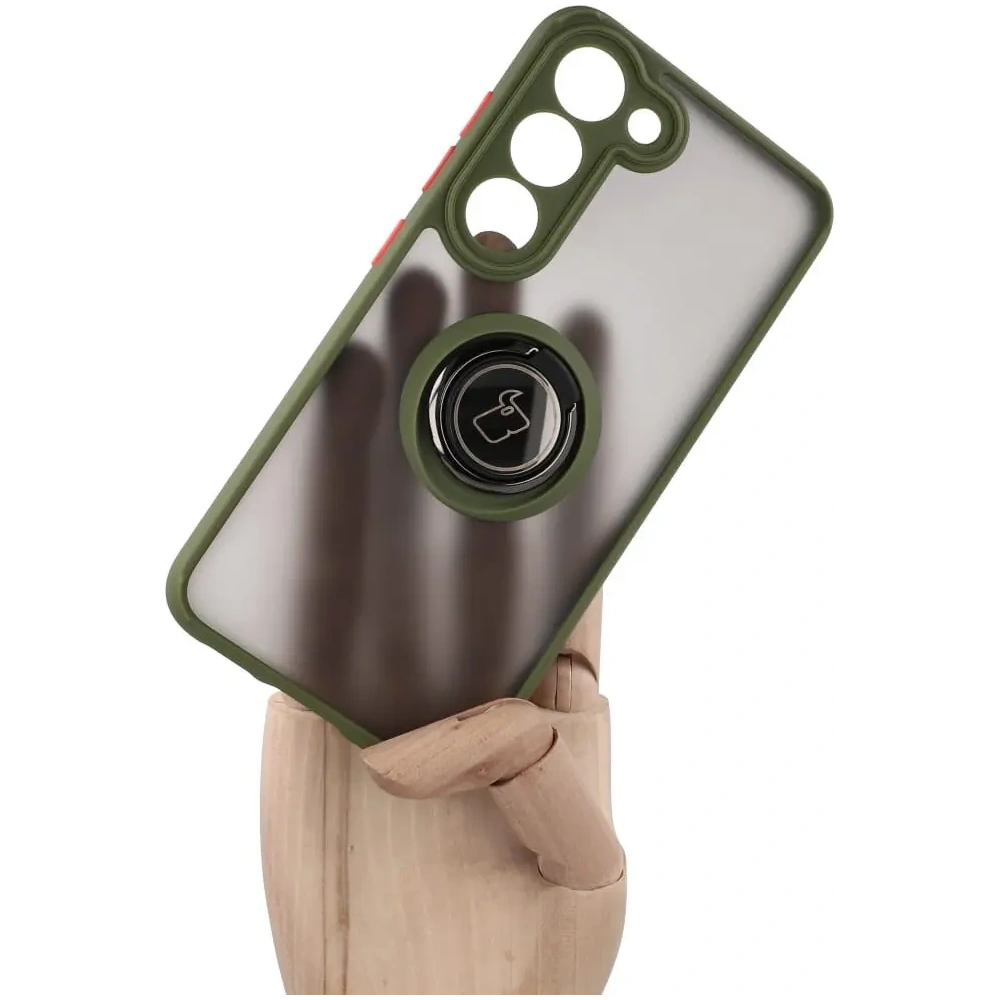 Etui z uchwytem na palec Bizon Case Hybrid Ring do Samsung Galaxy S23 przydymione z zieloną ramką