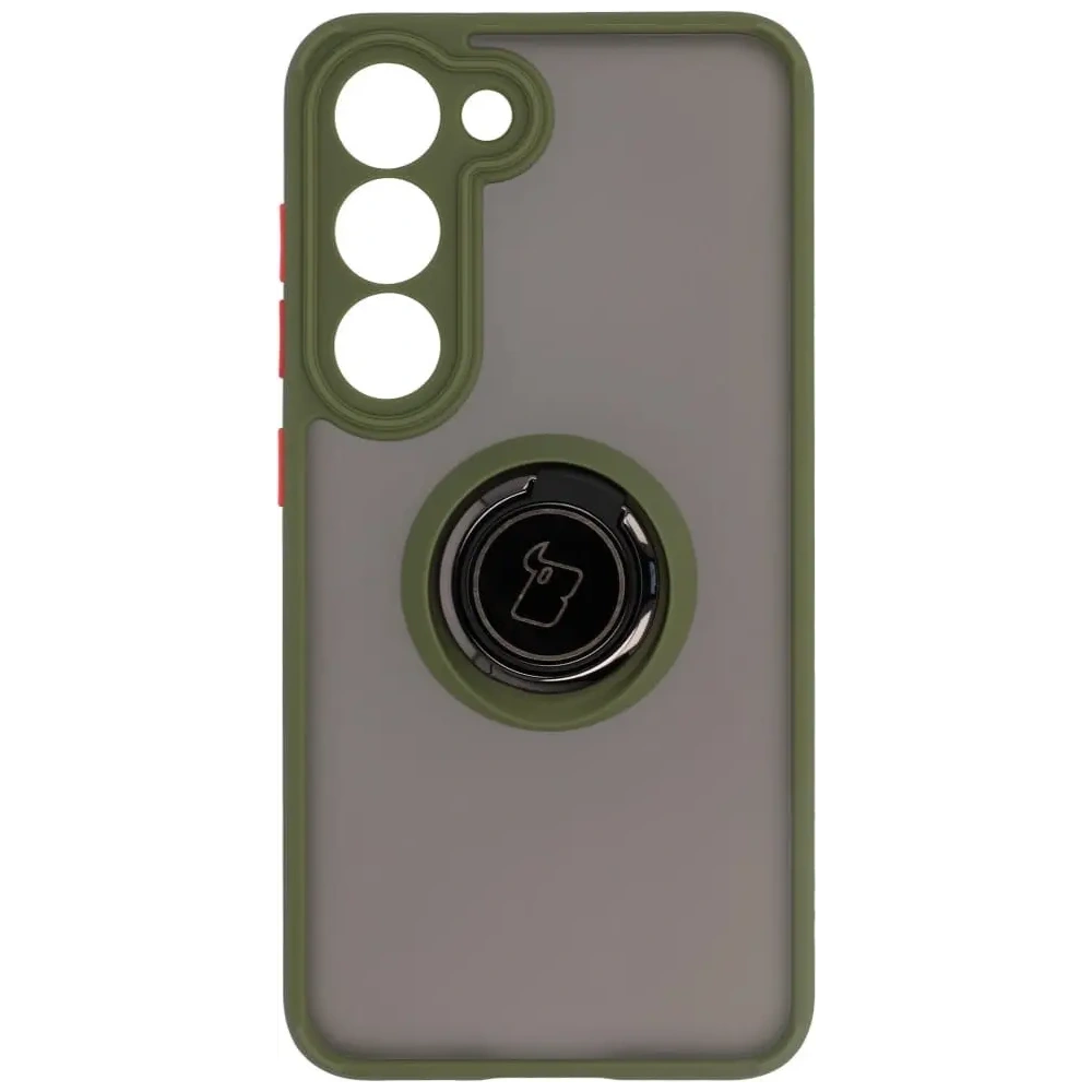 Etui z uchwytem na palec Bizon Case Hybrid Ring do Samsung Galaxy S23 przydymione z zieloną ramką