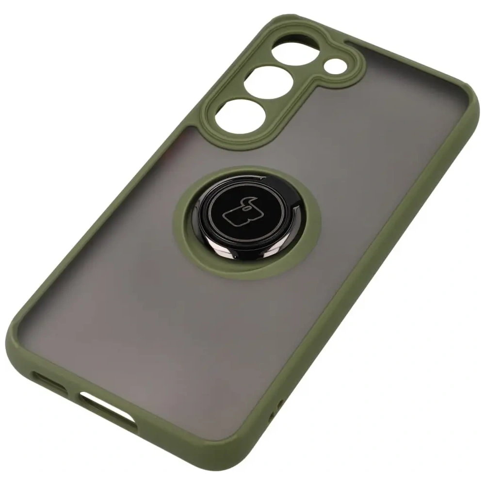 Etui z uchwytem na palec Bizon Case Hybrid Ring do Samsung Galaxy S23 przydymione z zieloną ramką