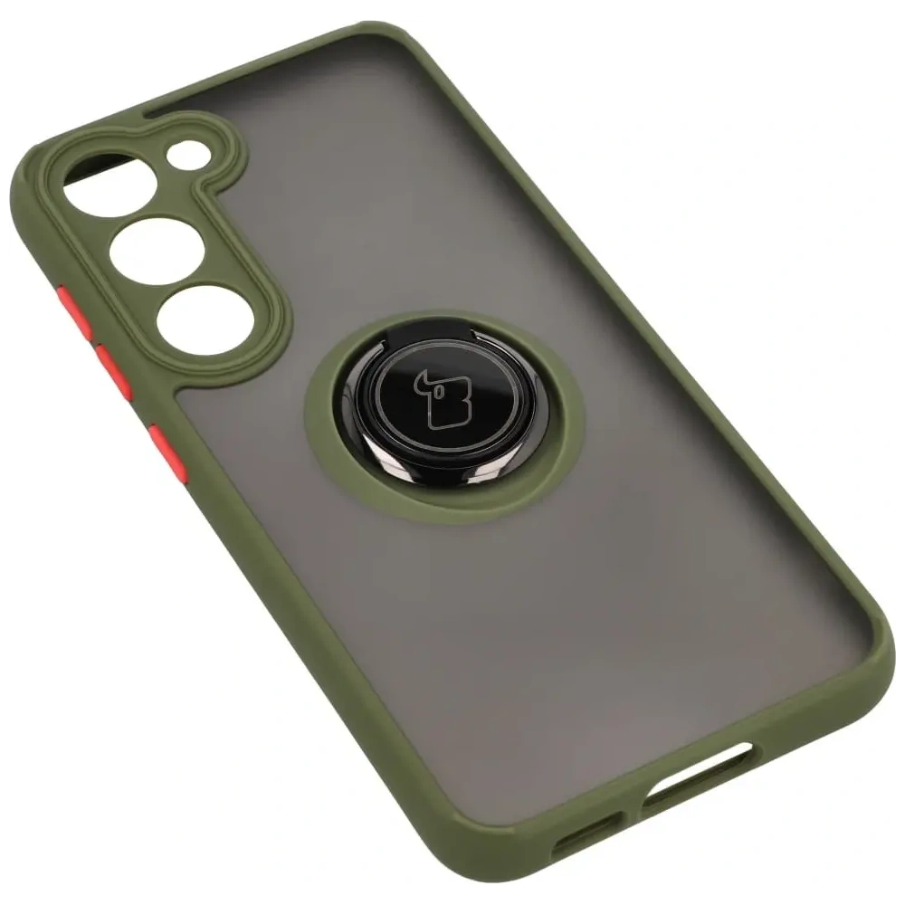 Etui z uchwytem na palec Bizon Case Hybrid Ring do Samsung Galaxy S23 przydymione z zieloną ramką