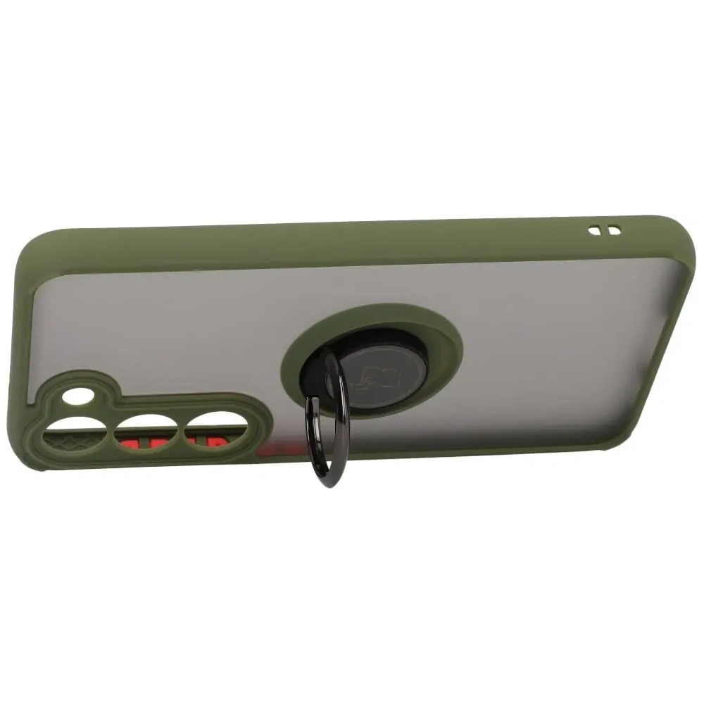 Etui z uchwytem na palec Bizon Case Hybrid Ring do Samsung Galaxy S23 przydymione z zieloną ramką