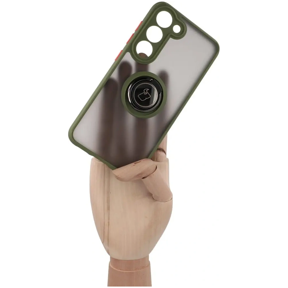 Etui z uchwytem na palec Bizon Case Hybrid Ring do Samsung Galaxy S23 przydymione z zieloną ramką
