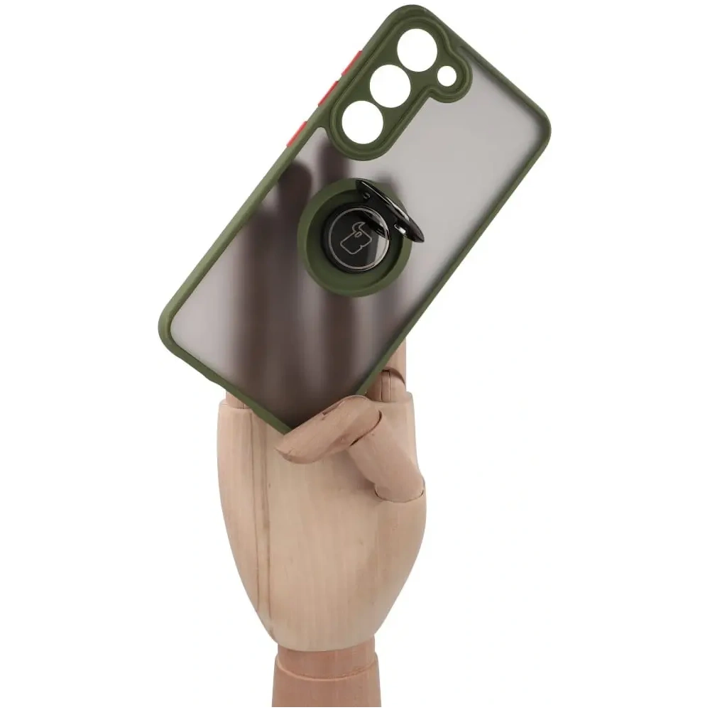 Etui z uchwytem na palec Bizon Case Hybrid Ring do Samsung Galaxy S23 przydymione z zieloną ramką