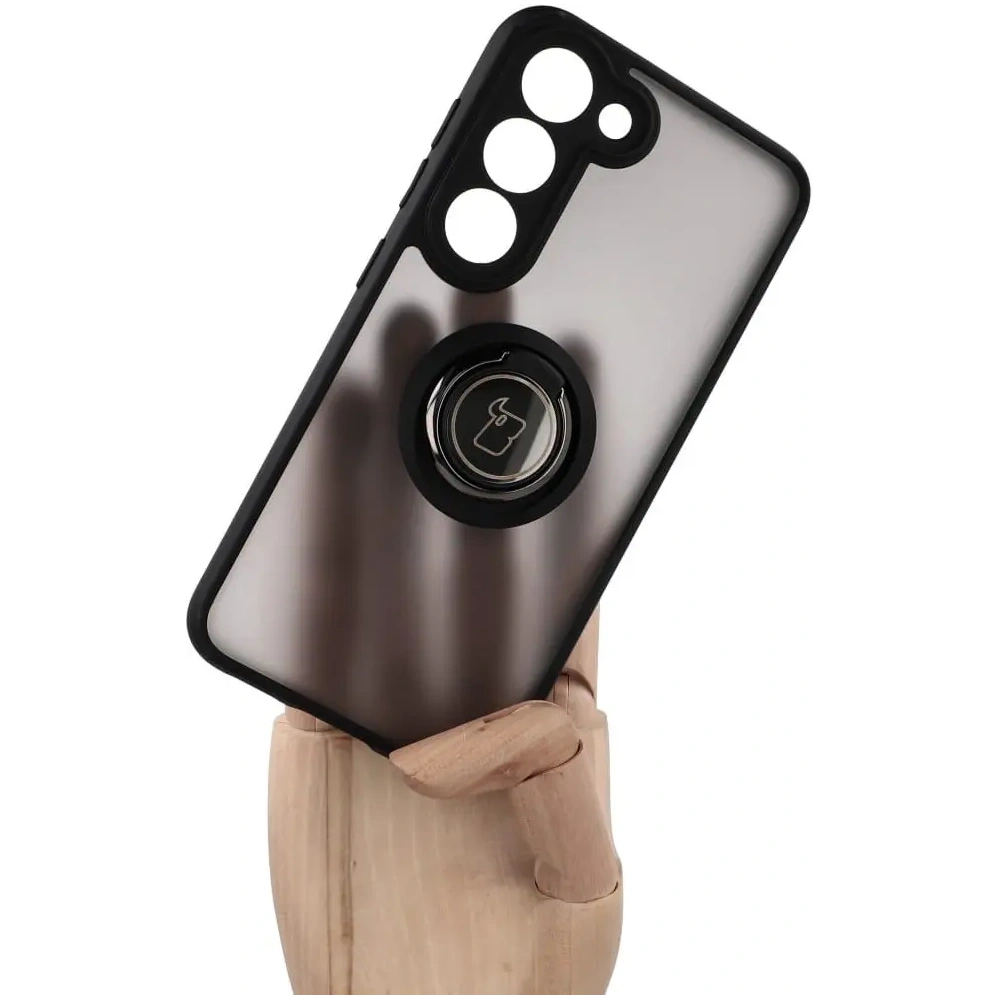 Etui z uchwytem na palec Bizon Case Hybrid Ring do Samsung Galaxy S23 przydymione z czarną ramką