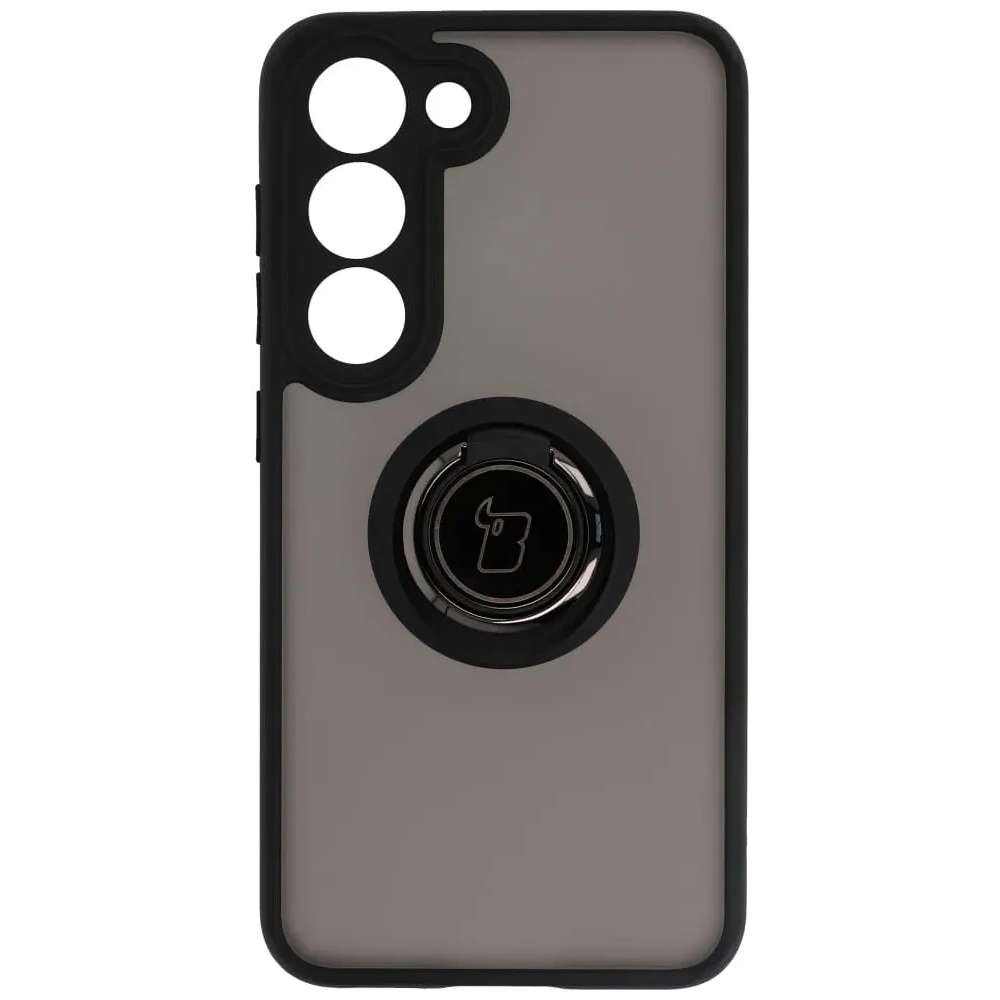 Etui z uchwytem na palec Bizon Case Hybrid Ring do Samsung Galaxy S23 przydymione z czarną ramką