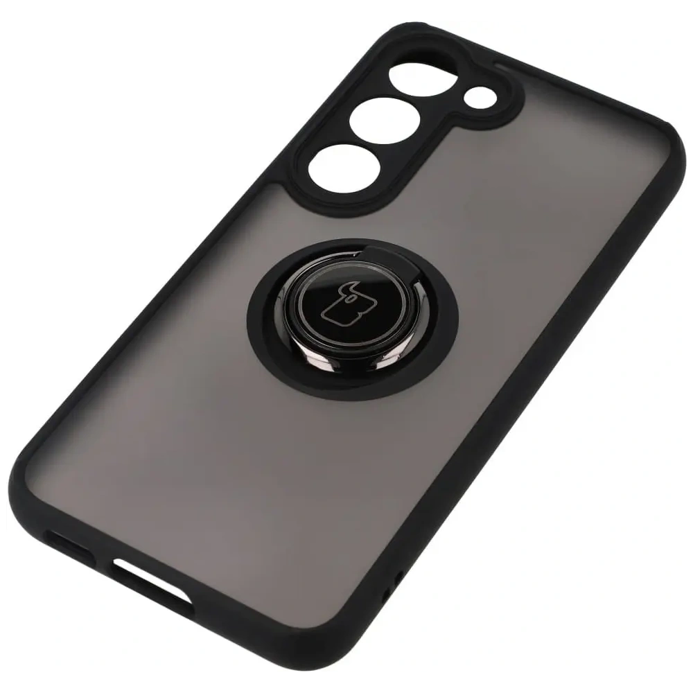 Etui z uchwytem na palec Bizon Case Hybrid Ring do Samsung Galaxy S23 przydymione z czarną ramką