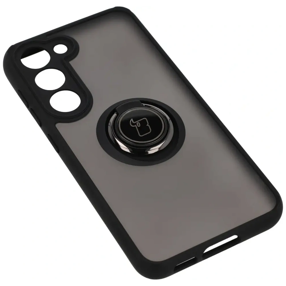 Etui z uchwytem na palec Bizon Case Hybrid Ring do Samsung Galaxy S23 przydymione z czarną ramką
