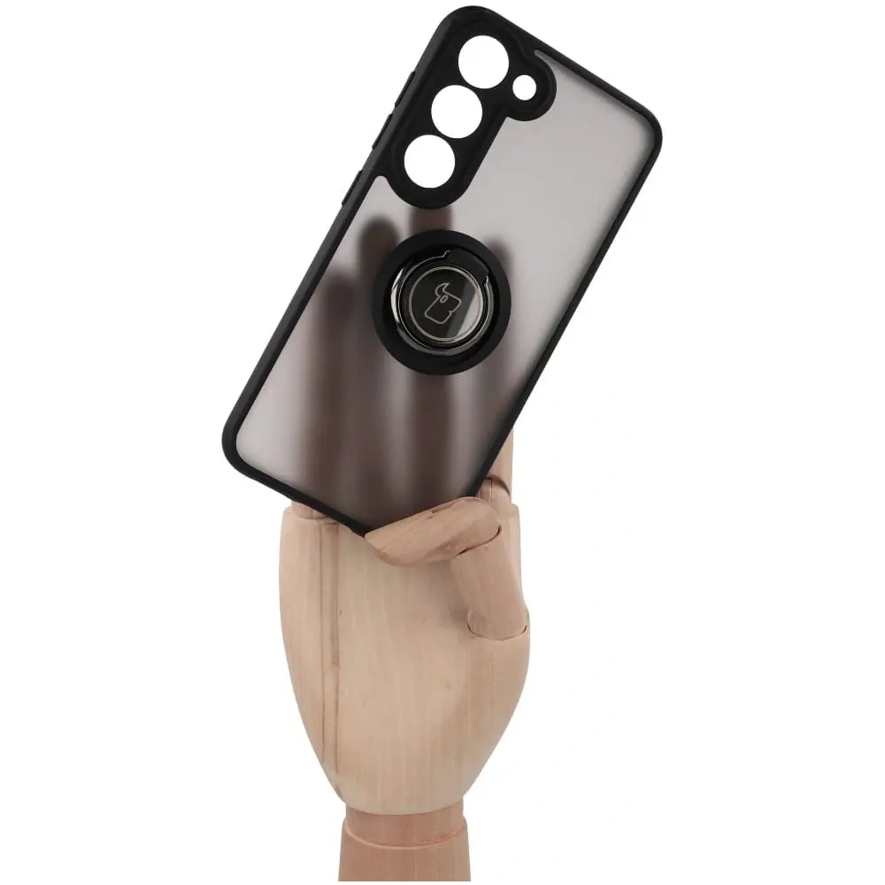 Etui z uchwytem na palec Bizon Case Hybrid Ring do Samsung Galaxy S23 przydymione z czarną ramką