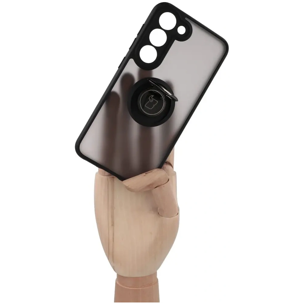 Etui z uchwytem na palec Bizon Case Hybrid Ring do Samsung Galaxy S23 przydymione z czarną ramką