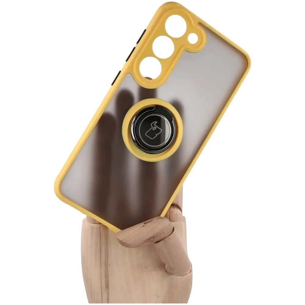 Etui z uchwytem na palec Bizon Case Hybrid Ring do Samsung Galaxy S23 przydymione z żółtą ramką