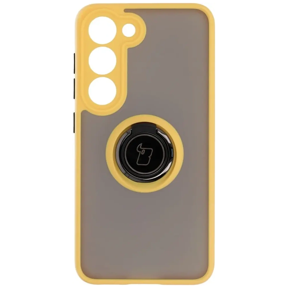 Etui z uchwytem na palec Bizon Case Hybrid Ring do Samsung Galaxy S23 przydymione z żółtą ramką