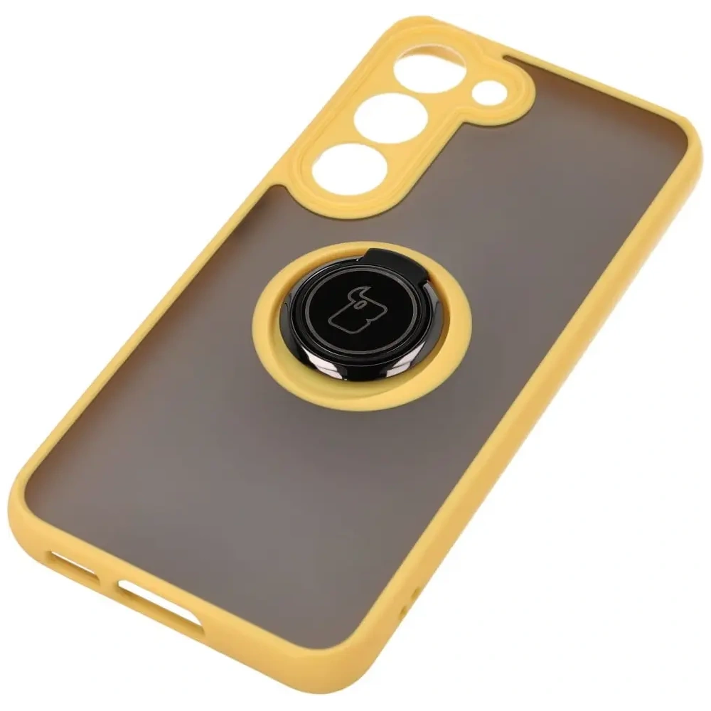 Etui z uchwytem na palec Bizon Case Hybrid Ring do Samsung Galaxy S23 przydymione z żółtą ramką