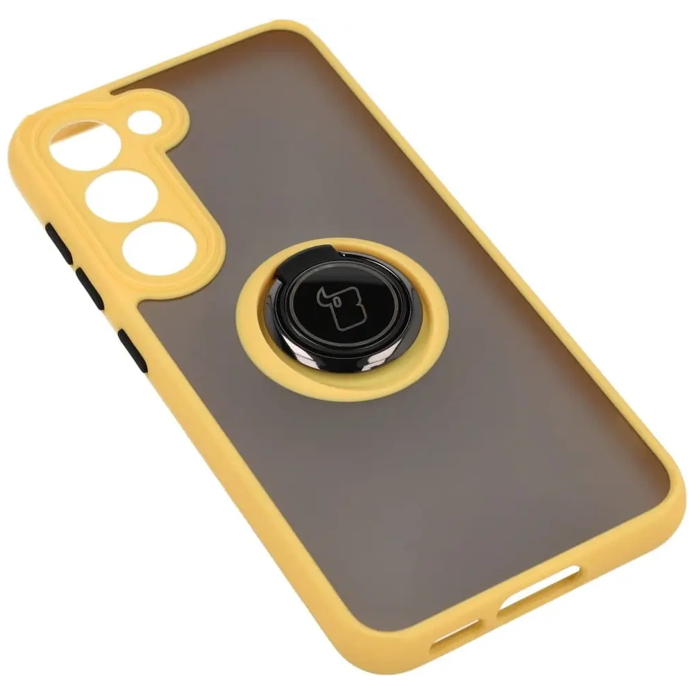 Etui z uchwytem na palec Bizon Case Hybrid Ring do Samsung Galaxy S23 przydymione z żółtą ramką