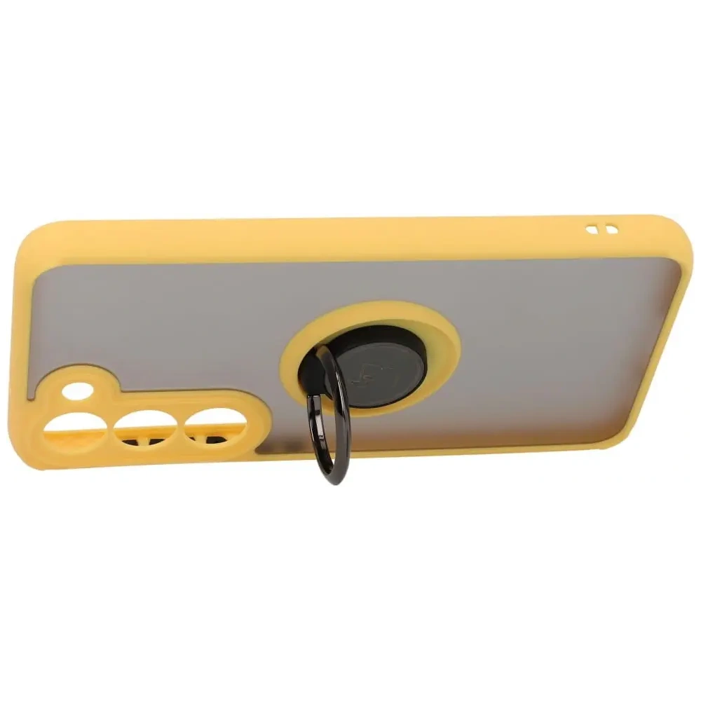 Etui z uchwytem na palec Bizon Case Hybrid Ring do Samsung Galaxy S23 przydymione z żółtą ramką
