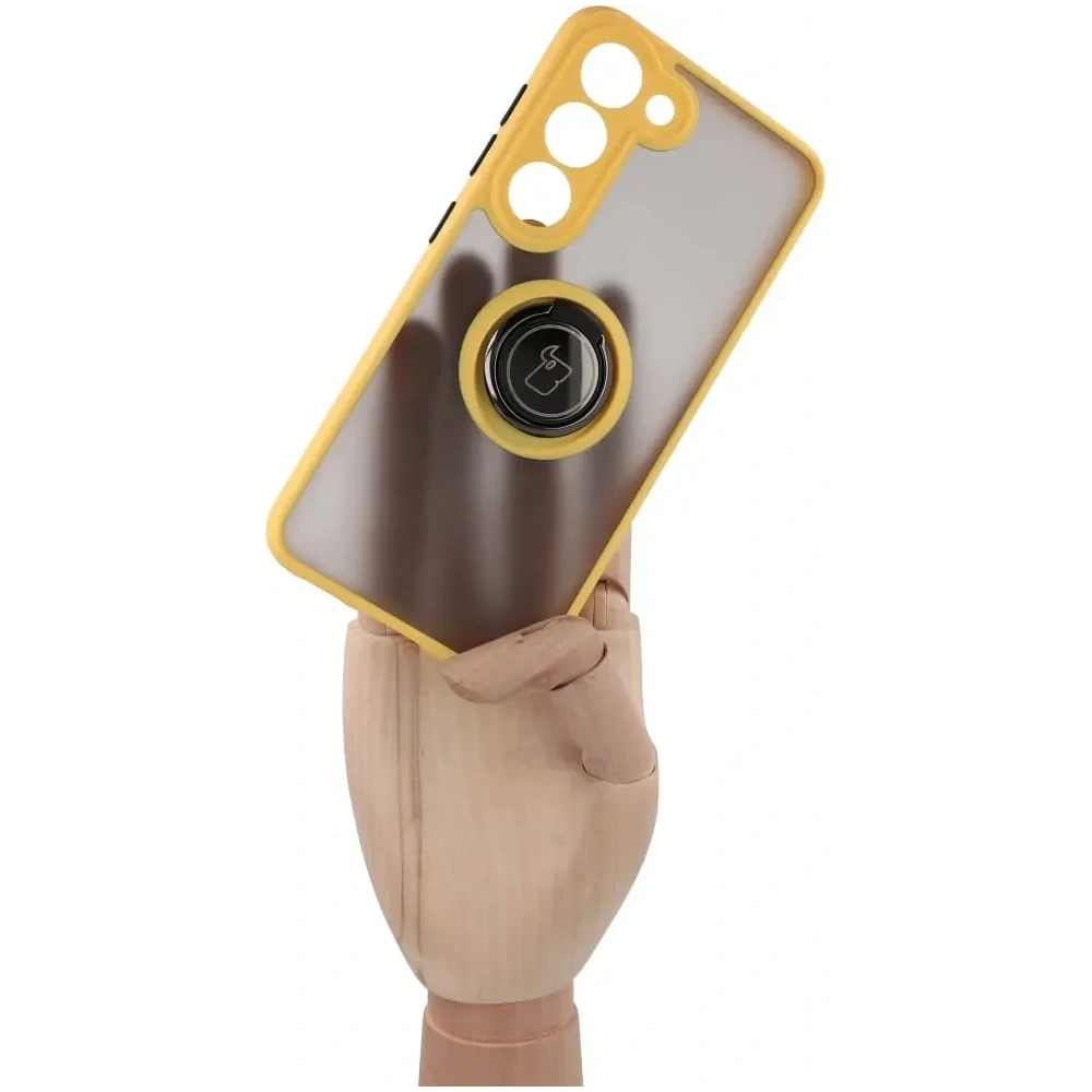 Etui z uchwytem na palec Bizon Case Hybrid Ring do Samsung Galaxy S23 przydymione z żółtą ramką