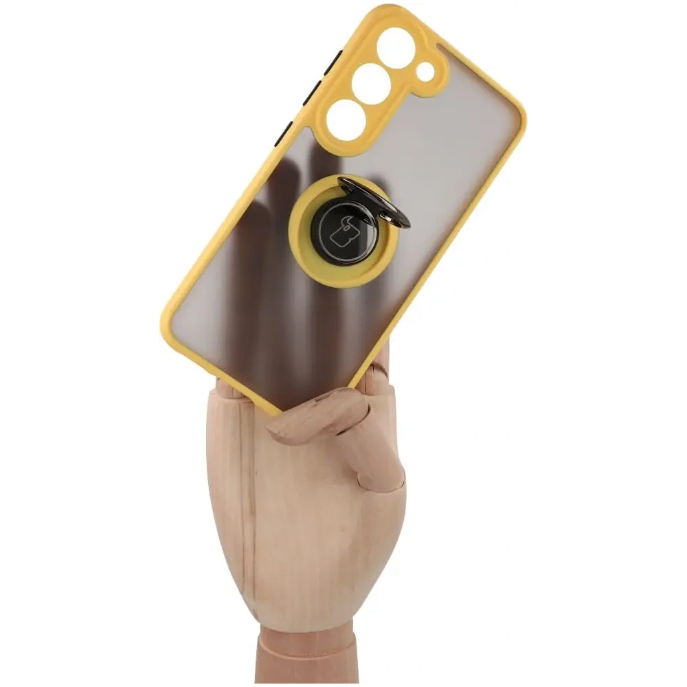 Etui z uchwytem na palec Bizon Case Hybrid Ring do Samsung Galaxy S23 przydymione z żółtą ramką