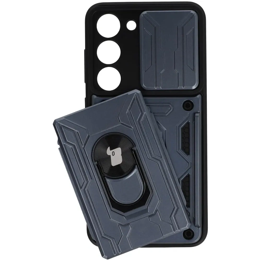 Etui Bizon Case Camshield Card Slot Ring do Samsung Galaxy S23 szare