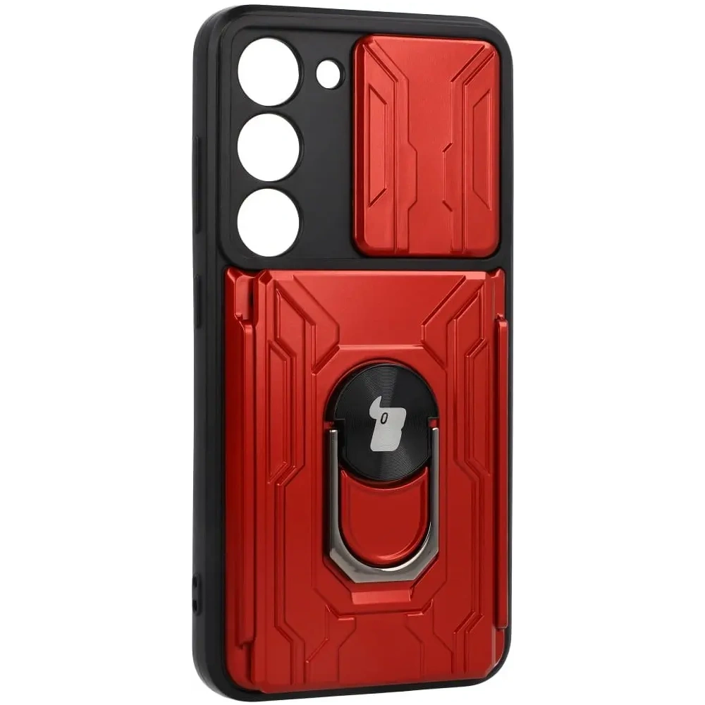Etui Bizon Case Camshield Card Slot Ring do Samsung Galaxy S23 czerwone