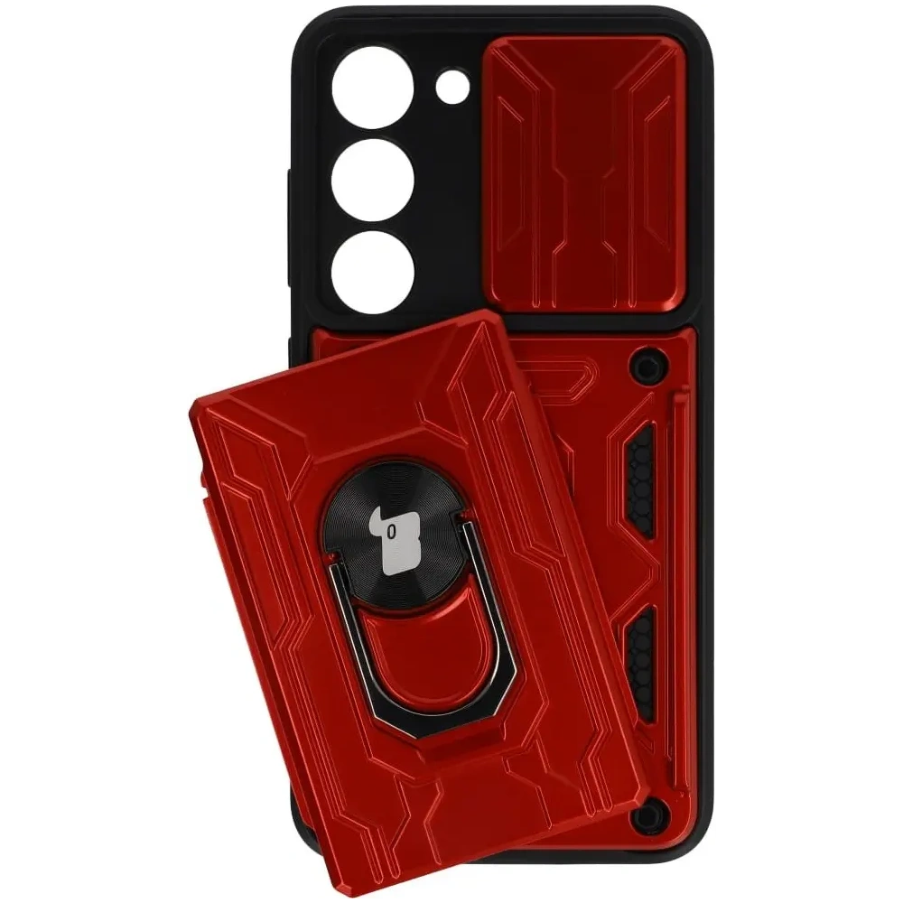 Etui Bizon Case Camshield Card Slot Ring do Samsung Galaxy S23 czerwone