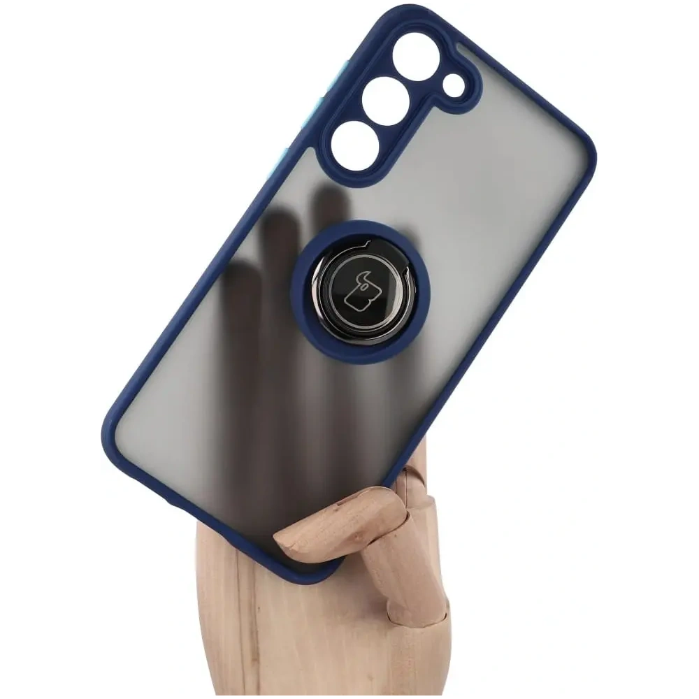 Etui z uchwytem na palec Bizon Case Hybrid Ring do Samsung Galaxy S23 Plus przydymione z granatową ramką