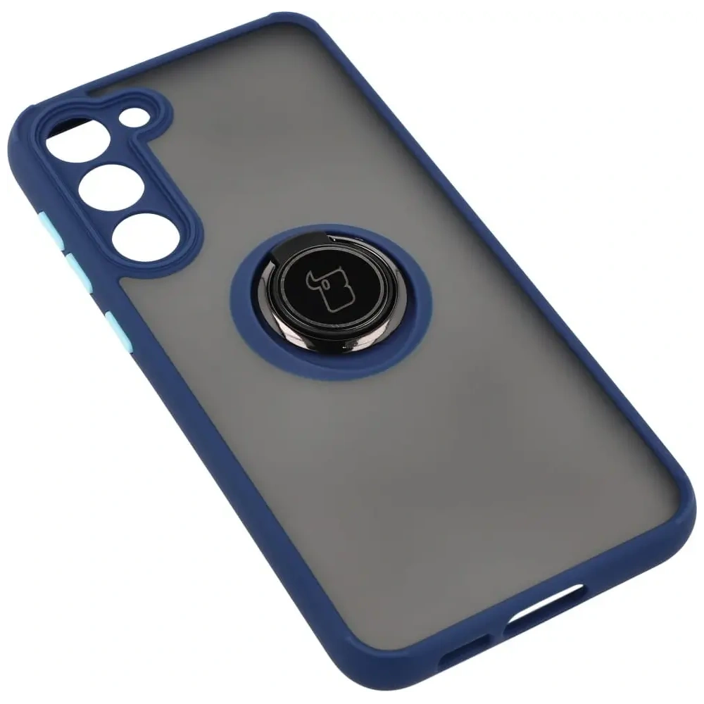 Etui z uchwytem na palec Bizon Case Hybrid Ring do Samsung Galaxy S23 Plus przydymione z granatową ramką