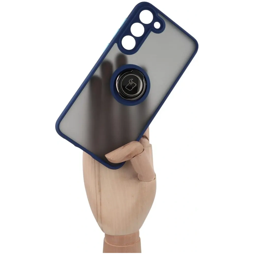 Etui z uchwytem na palec Bizon Case Hybrid Ring do Samsung Galaxy S23 Plus przydymione z granatową ramką