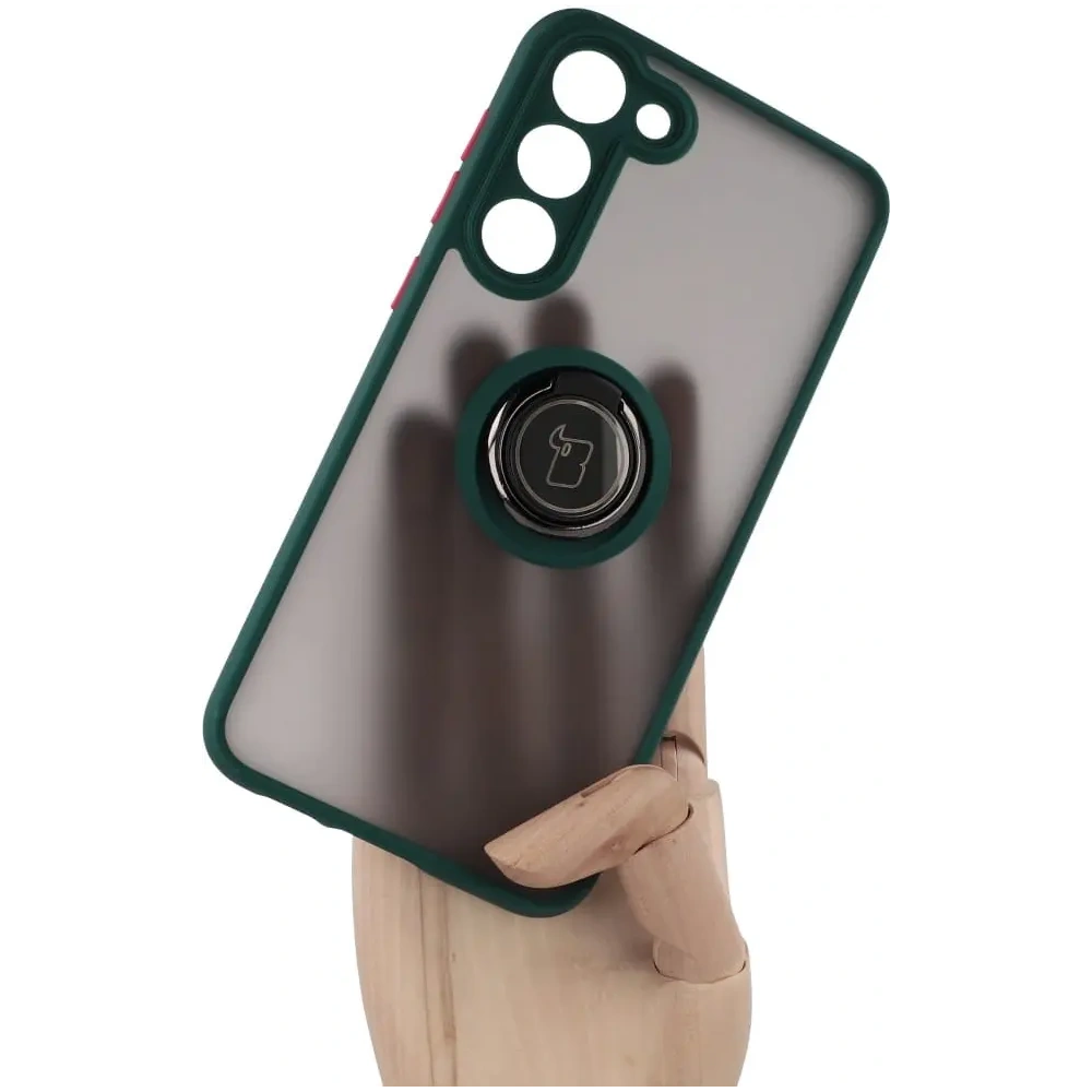 Etui z uchwytem na palec Bizon Case Hybrid Ring do Samsung Galaxy S23 Plus przydymione z ciemnozieloną ramką