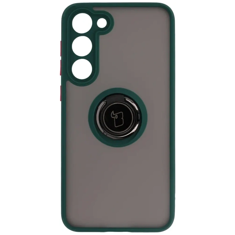 Etui z uchwytem na palec Bizon Case Hybrid Ring do Samsung Galaxy S23 Plus przydymione z ciemnozieloną ramką
