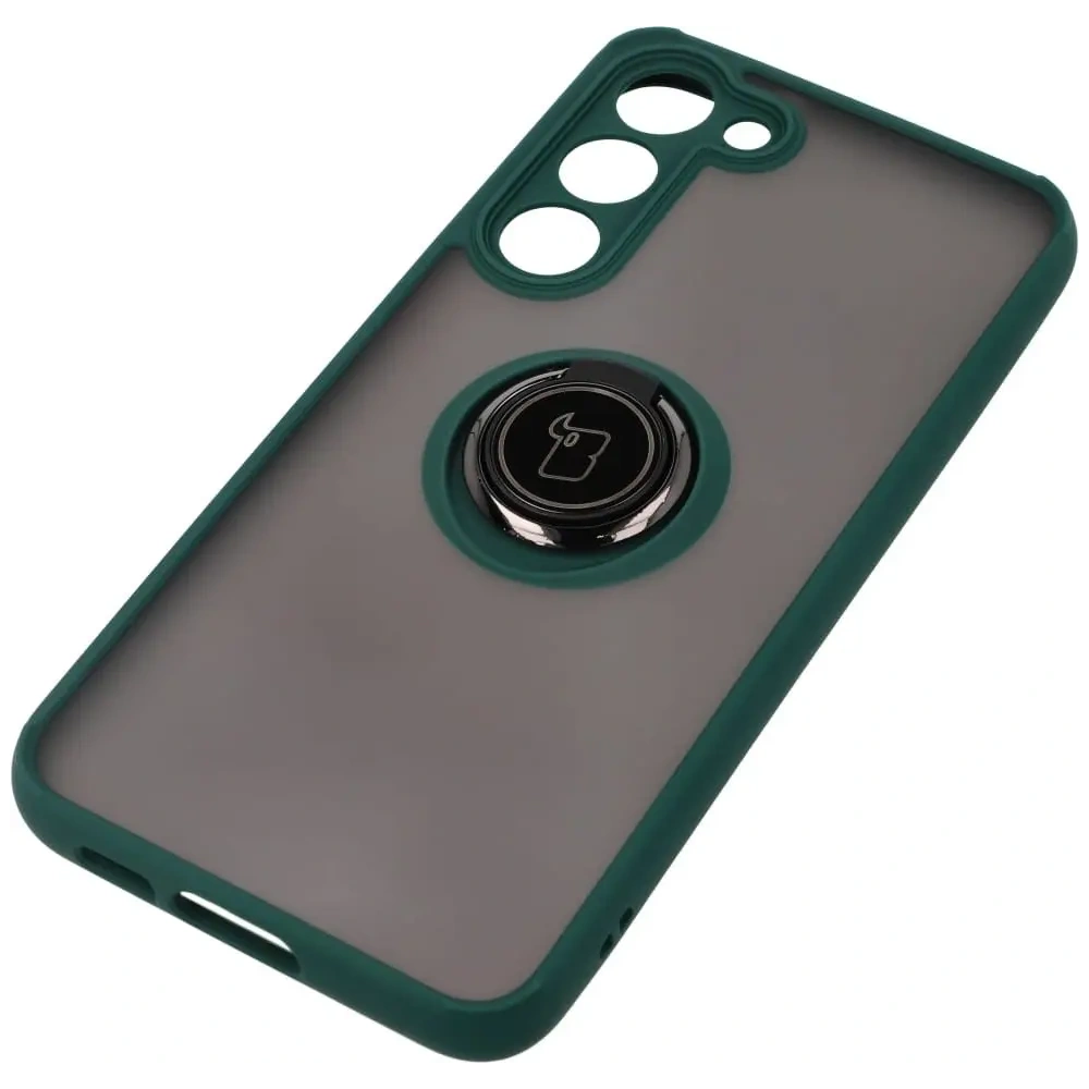 Etui z uchwytem na palec Bizon Case Hybrid Ring do Samsung Galaxy S23 Plus przydymione z ciemnozieloną ramką
