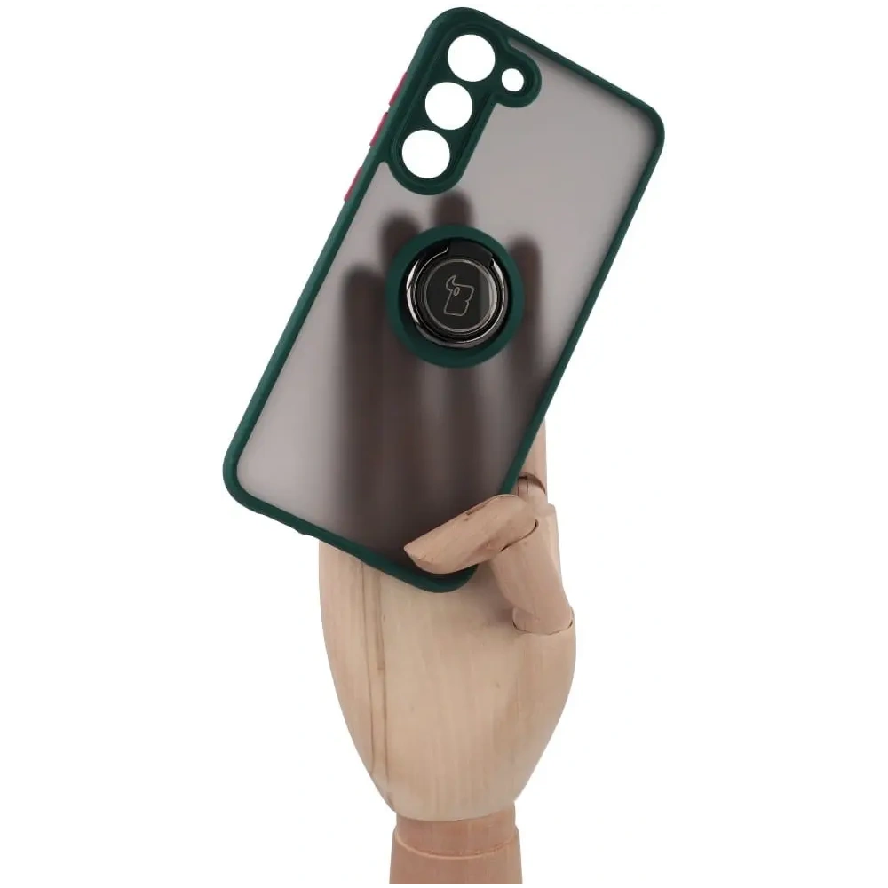 Etui z uchwytem na palec Bizon Case Hybrid Ring do Samsung Galaxy S23 Plus przydymione z ciemnozieloną ramką