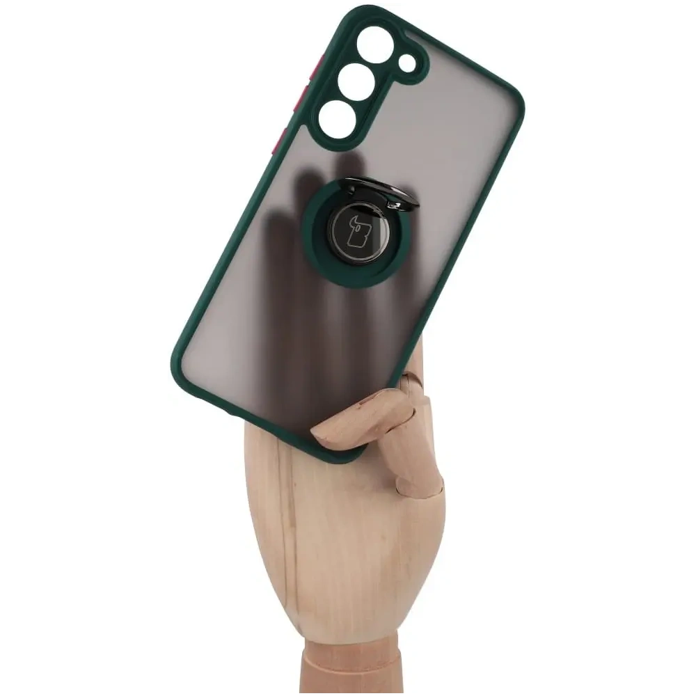 Etui z uchwytem na palec Bizon Case Hybrid Ring do Samsung Galaxy S23 Plus przydymione z ciemnozieloną ramką