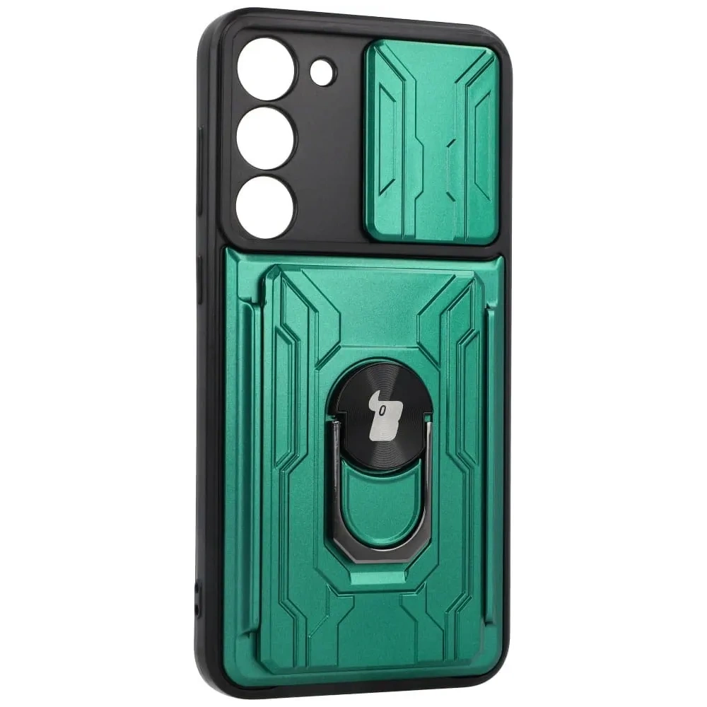 Etui Bizon Case Camshield Card Slot Ring do Samsung Galaxy S23 Plus zielone